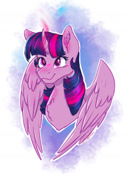 Size: 1280x1811 | Tagged: safe, artist:delfinaluther, twilight sparkle, alicorn, pony, unicorn, g4, bust, curved horn, happy, horn, magic, portrait, solo, spell, twilight sparkle (alicorn), wings