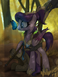 Size: 3000x4000 | Tagged: safe, artist:flaremoon, oc, oc only, oc:shooting star (r&f), butterfly, pegasus, pony, armor, butterfly on nose, female, forest, guardsmare, halberd, helmet, insect on nose, mare, not cadance, royal guard, slender, solo, thin, weapon