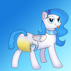 Size: 1000x1000 | Tagged: safe, artist:toastpony, oc, oc only, oc:snow-wing, pegasus, pony, abdl, blue background, blue mane, butt, clothes, diaper, diaper butt, diaper fetish, female, fetish, mare, non-baby in diaper, pissing, plot, poofy diaper, scarf, simple background, snowflake cutie mark, soaked diaper, solo, tongue out, urine, used diaper, wet diaper, white coat, white diaper, white fur, wings