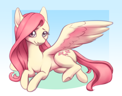Size: 2800x2200 | Tagged: safe, artist:anvalina, fluttershy, pegasus, pony, g4, cute, female, gradient background, high res, lying down, mare, prone, shyabetes, smiling, solo, spread wings, three quarter view, turned head, wings