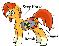 Size: 1560x1208 | Tagged: safe, artist:czu, sunburst, pony, unicorn, g4, atomic bomb, bomb, coat markings, glasses, ionizing radiation warning symbol, male, meme, missing accessory, nuclear weapon, ponified meme, radiation sign, simple background, smiling, socks (coat markings), solo, stallion, weapon, white background