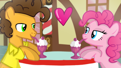 Size: 1280x720 | Tagged: safe, artist:mlplary6, cheese sandwich, pinkie pie, earth pony, pony, g4, boyfriend and girlfriend, female, heart, looking at each other, looking at someone, male, mare, milkshake, ship:cheesepie, shipping, stallion, straight