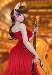 Size: 2766x4000 | Tagged: safe, artist:gunya, octavia melody, earth pony, anthro, g4, blushing, cello, clothes, dress, female, looking back, musical instrument, nails, purple eyes, red dress, solo, stockings, strapless, strapless dress, thigh highs