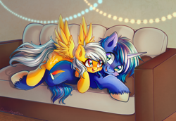 Size: 1500x1033 | Tagged: safe, artist:chaosangeldesu, oc, oc only, oc:lightning faraday, oc:midnight, pegasus, pony, unicorn, couch, cute, garland, happy, horn, hug, looking at each other, looking at someone, love, male, married couple, pegasus oc, shipping, stallion, unicorn oc