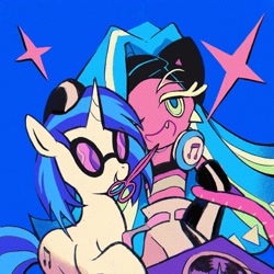 Size: 2048x2048 | Tagged: safe, artist:foresart, dj pon-3, vinyl scratch, pony, unicorn, g4, blue background, clothes, cookie run, crossover, female, headphones, high res, scissors, simple background, sour belt cookie, sparkles, sunglasses