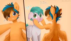 Size: 2828x1668 | Tagged: safe, artist:pony-ellie-stuart, oc, oc only, pegasus, pony, blushing, cheek squish, commission, cute, duo, eyes closed, female, male, pegasus oc, squishy cheeks, ych result