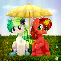 Size: 1672x1663 | Tagged: safe, artist:pony-ellie-stuart, oc, oc only, earth pony, pony, unicorn, commission, cute, duo, earth pony oc, female, glowing, glowing horn, grass, horn, nervous, umbrella, unicorn oc, ych result