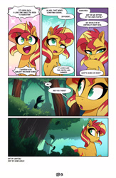 Size: 3500x5369 | Tagged: safe, artist:light262, sunset shimmer, pony, unicorn, comic:together forever, g4, :o, absurd resolution, comic, dialogue, ear fluff, ear piercing, earring, emanata, eyelashes, female, frown, horn, jewelry, looking back, mare, narrowed eyes, no pupils, open mouth, open smile, outdoors, piercing, raised eyebrow, signature, silhouette, smiling, solo, speech bubble, starry eyes, two toned mane, wingding eyes