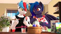 Size: 1920x1080 | Tagged: safe, artist:anthroponiessfm, oc, oc:audina puzzle, oc:wavelength, bat pony, unicorn, anthro, 3d, anthro oc, bat pony oc, brush, cute, easter, easter egg, egg, female, glasses, holiday, horn, looking at each other, looking at someone, source filmmaker, unicorn oc, wholesome