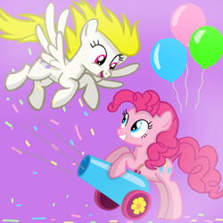 Size: 720x720 | Tagged: safe, artist:mlplary6, pinkie pie, surprise (g4), earth pony, pegasus, pony, g4, balloon, cannon, confetti, cute, diapinkes, female, flying, friends, g4 adoraprise, g4 surprise can fly, happy, looking down, looking up, mare, open mouth, open smile, party cannon, smiling, spread wings, tail, wings