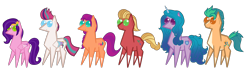 Size: 3768x1176 | Tagged: safe, artist:justapone, hitch trailblazer, izzy moonbow, pipp petals, sprout cloverleaf, sunny starscout, zipp storm, earth pony, pegasus, pony, unicorn, g5, my little pony: a new generation, big eyes, blaze (coat marking), coat markings, colored, colored wings, facial markings, female, horn, male, mane five, mare, pointy ponies, simple background, socks (coat markings), sprout joins the mane five, stallion, transparent background, wings