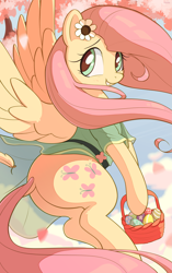 Size: 1881x3000 | Tagged: safe, artist:nookprint, fluttershy, pegasus, pony, g4, aside glance, basket, butt, clothes, cute, daaaaaaaaaaaw, dock, dress, easter, easter egg, female, flower, flower in hair, flutterbutt, high res, holiday, hoof hold, looking at you, mare, plot, shyabetes, skirt, smiling, smiling at you, solo, spread wings, tail, vertical, windswept mane, wings