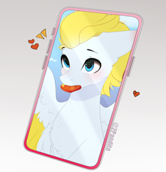 Size: 2032x2100 | Tagged: safe, artist:2pandita, oc, oc only, pegasus, pony, cellphone, chest fluff, heart, high res, male, mouth hold, phone, simple background, smartphone, solo, spread wings, wings