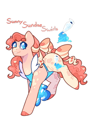 Size: 1056x1290 | Tagged: safe, artist:jaysey, oc, oc only, oc:sunny sundae swirls, earth pony, pony, apron, bow, clothes, coat markings, female, hair bow, mare, offspring, parent:cheese sandwich, parent:pinkie pie, parents:cheesepie, simple background, solo, tail, tail bow, transparent background