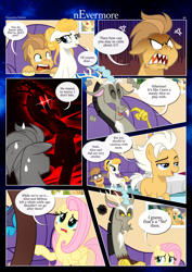 Size: 3259x4607 | Tagged: safe, artist:estories, discord, fluttershy, oc, oc:fable, oc:golden jewel, draconequus, pegasus, pony, comic:nevermore, g4, angry, comic, couch, cup, discord being discord, eyes closed, fangs, floppy ears, glowing, glowing eyes, laughing, looking at you, looking back, looking back at you, pegasus oc, red eyes, scared, silhouette, sitting, speech bubble, table, tea kettle, teacup, trolling, unshorn fetlocks