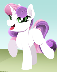 Size: 1984x2500 | Tagged: safe, artist:andaluce, sweetie belle, pony, unicorn, g4, blank flank, cute, female, filly, foal, lineless, smiling, solo