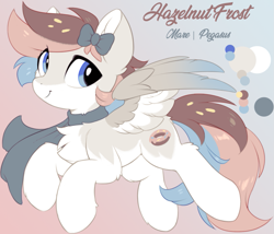 Size: 1319x1130 | Tagged: safe, artist:hioshiru, oc, oc only, oc:hazelnut frost, pegasus, pony, bow, chest fluff, clothes, cute, donut, eye clipping through hair, female, food, hair bow, leg fluff, looking at you, mare, multicolored mane, multicolored tail, pegasus oc, reference sheet, scarf, smiling, smiling at you, solo, spread wings, tail, tricolored mane, tricolored tail, wings