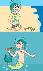 Size: 1346x2216 | Tagged: safe, artist:ocean lover, sandbar, human, merboy, mermaid, merman, turtle, g4, barefoot, beach, belly button, bubble, clothes, cute, disney style, feet, human coloration, humanized, male, mermanized, ocean, sand, sandabetes, shirt, shorts, smiling, species swap, swimming, t-shirt, teenager, underwater, water, wave