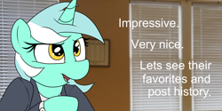 Size: 2000x1000 | Tagged: safe, artist:datte-before-dawn, lyra heartstrings, pony, unicorn, derpibooru, g4, american psycho, business suit, clothes, female, let's see paul allen's card, mare, meme, meta, ponified meme, solo, suit