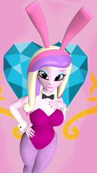 Size: 900x1600 | Tagged: safe, artist:oatmeal!, dean cadance, princess cadance, human, equestria girls, g4, 3d, bowtie, breasts, bunny ears, bunny suit, busty princess cadance, clothes, cutie mark, cutie mark background, easter, gmod, hand on chest, hand on hip, holiday, legs together, leotard, looking at you, playboy bunny, raised eyebrow, sexy, solo