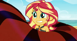 Size: 851x461 | Tagged: safe, artist:ocean lover, edit, edited screencap, screencap, sunset shimmer, human, snake, equestria girls, equestria girls series, g4, x marks the spot, aladdin, beach, bikini, clothes, coils, disney, female, jafar, squeeze, squeezing, story included, swimsuit, this will not end well, wrapped up