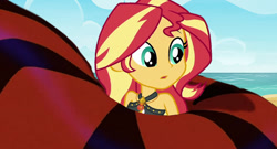 Size: 851x461 | Tagged: safe, artist:ocean lover, edit, edited screencap, screencap, sunset shimmer, human, snake, equestria girls, g4, my little pony equestria girls: better together, x marks the spot, aladdin, beach, bikini, clothes, coils, disney, female, jafar, squeeze, squeezing, story included, swimsuit, wrapped up