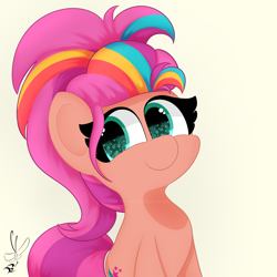 Size: 2000x2000 | Tagged: safe, artist:daftramms, sunny starscout, earth pony, pony, g5, mane melody, my little pony: tell your tale, spoiler:g5, spoiler:my little pony: tell your tale, spoiler:tyts01e05, alternate hairstyle, cute, female, high res, mane stripe sunny, mare, simple background, smiling, solo, sunnybetes