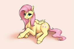 Size: 1907x1263 | Tagged: safe, artist:aquaticvibes, fluttershy, pegasus, pony, g4, female, folded wings, looking at you, lying down, mare, on side, simple background, smiling, solo, underhoof, wings