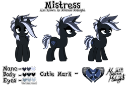 Size: 2367x1640 | Tagged: safe, artist:mistress midnight, oc, oc only, oc:mistress, pony, unicorn, color scheme, cutie mark, female, mare, mohawk, reference, reference sheet, show accurate, signature, simple background, solo, transparent background, turnaround