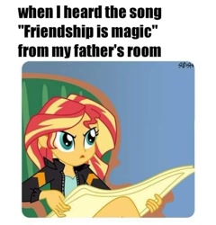 Size: 720x751 | Tagged: safe, sunset shimmer, human, equestria girls, g4, brony, down beat bear, meme, ponified meme, repost, solo, theme song, tom and jerry, tom reading the newspaper