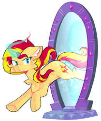 Size: 1170x1400 | Tagged: safe, artist:tater, sunset shimmer, pony, unicorn, g4, cheek fluff, chest fluff, ear fluff, female, glowing, glowing horn, horn, magic mirror, mare, mirror, mirror portal, simple background, solo, white background