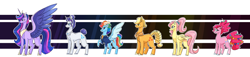 Size: 7000x1600 | Tagged: safe, artist:arirain, applejack, fluttershy, pinkie pie, rainbow dash, rarity, twilight sparkle, alicorn, earth pony, pegasus, pony, unicorn, g4, the last problem, clothes, crown, female, granny smith's shawl, hoof shoes, implied wing hole, jewelry, line-up, mane six, mare, older, older applejack, older fluttershy, older mane six, older pinkie pie, older rainbow dash, older rarity, older twilight, older twilight sparkle (alicorn), peytral, princess shoes, princess twilight 2.0, regalia, scarf, shoes, simple background, twilight sparkle (alicorn), white background