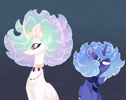Size: 2500x2000 | Tagged: safe, artist:arirain, princess celestia, princess luna, alicorn, pony, g4, alternate hairstyle, duo, female, fluffy mane, high res, jewelry, mare, royal sisters, s1 luna, sheepish grin, siblings, simple background, sisters, smiling, younger