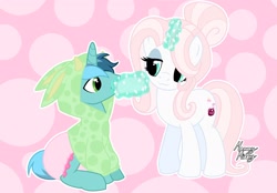 Size: 2048x1423 | Tagged: safe, artist:mommymidday, oc, oc only, oc:minty breeze, oc:mommy midday, pony, unicorn, abdl, adult foal, baby bottle, bottle, bottle feeding, clothes, commission, diaper, diaper fetish, eyeshadow, fetish, hoodie, magic, magic aura, makeup, non-baby in diaper, polka dot background, poofy diaper, show accurate, signature, simple background, telekinesis