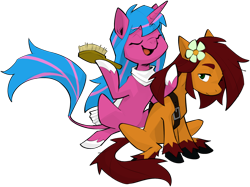 Size: 2146x1602 | Tagged: safe, artist:dar, oc, oc only, oc:apple bloom, oc:echo shade, earth pony, pony, unicorn, fanfic:song of seven, bag, brush, buckle, clothes, duo, earth pony oc, flower, flower in hair, hairbrush, horn, leonine tail, satchel, scarf, simple background, striped mane, tail, transparent background, two toned mane, unicorn oc, unshorn fetlocks