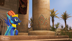 Size: 3840x2160 | Tagged: safe, artist:seriff-pilcrow, prince hisan, pegasus, pony, g4, 3d, banner, egyptian, high res, male, palm tree, smiling, solo, source filmmaker, tree