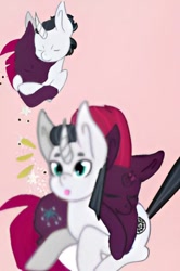 Size: 366x550 | Tagged: safe, artist:decokenite, chancellor neighsay, fizzlepop berrytwist, tempest shadow, pony, unicorn, g4, aesthetic background, broken horn, bun hairstyle, duo, eyes closed, female, horn, hug, hug from behind, hugging a pony, male, mare, shipping, sleeping, stallion, straight, surprised, tempest neighsay, wide eyes