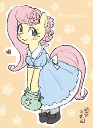 Size: 661x909 | Tagged: safe, artist:yanamosuda, fluttershy, semi-anthro, blush sticker, blushing, clothes, cute, dress, ear piercing, earring, female, flower, flower in hair, heart, jewelry, piercing, purse, shoes, shyabetes, smiling, solo