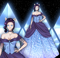 Size: 4200x4100 | Tagged: safe, artist:tatsuk0, rarity, human, equestria girls, g4, anime style, breasts, choker, cleavage, clothes, diamond, dress, eared humanization, female, gown, hand on hip, humanized, jewelry, necklace, pony ears, smiling, solo
