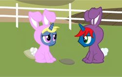 Size: 1098x691 | Tagged: safe, artist:ry-bluepony1, artist:scarlettannaheart, edit, oc, oc only, oc:azure/sapphire, oc:train track, pony, unicorn, g4, animal costume, base used, bunny costume, clothes, costume, easter, fence, field, grass, holiday, horn, mane, rock, show accurate, tail, wig