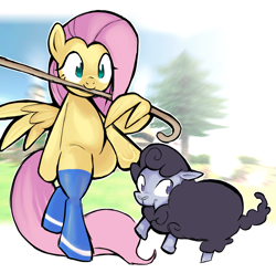 Size: 2069x2048 | Tagged: safe, artist:yidwags, derpibooru exclusive, fluttershy, pegasus, pony, sheep, g4, bipedal, clothes, ewe, female, floating, high res, mabinogi, mouth hold, shepherd's crook, standing on two hooves, stockings, thigh highs, tiny ewes, wing hands, wings