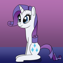 Size: 1600x1600 | Tagged: safe, artist:platinumdrop, rarity, pony, unicorn, g4, gradient background, long neck, simple background, sitting, smiling, solo