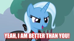 Size: 1280x720 | Tagged: safe, edit, edited screencap, screencap, trixie, pony, unicorn, g4, magic duel, alicorn amulet, cape, caption, clothes, evil trixie, female, image macro, mare, solo, text