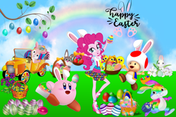 Size: 3000x2000 | Tagged: safe, artist:magical-mama, artist:sugar-loop, artist:user15432, pinkie pie, human, equestria girls, g4, barely eqg related, basket, bunny ears, chick, cloud, crossover, easter, easter basket, easter bunny, easter egg, egg, flower, happy easter, high heels, high res, holiday, kirby, kirby (series), kirby pie, looking at you, ponied up, rainbow, school spirit, shoes, spring, super mario bros., toad (mario bros), toad pie