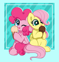 Size: 5056x5300 | Tagged: safe, artist:kittyrosie, fluttershy, pinkie pie, earth pony, pegasus, pony, abstract background, absurd resolution, blushing, cute, diapinkes, duo, duo female, female, food, ice cream, looking at you, mare, one eye closed, shyabetes, smiling, smiling at you, tongue out