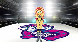 Size: 3330x1785 | Tagged: safe, artist:invisibleink, sunset shimmer, human, equestria girls, g4, breasts, clothes, elbow pads, female, knee pads, shoes, solo, sports, sports bra, sports panties, wrestler, wrestling, wrestling ring