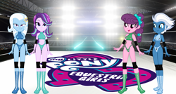Size: 3330x1785 | Tagged: safe, artist:invisibleink, night glider, starlight glimmer, sugar belle, trixie, human, equestria girls, g4, belly button, clothes, elbow pads, female, knee pads, shoes, sports, sports bra, sports panties, tag team, wrestler, wrestling, wrestling ring