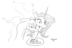 Size: 2220x1509 | Tagged: safe, artist:ktubosi83, oleander (tfh), tianhuo (tfh), classical unicorn, dragon, hybrid, longma, pony, unicorn, them's fightin' herds, community related, dialogue, duo, female, horn, monochrome, speech bubble, sweat, text, unshorn fetlocks