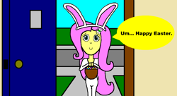 Size: 1374x748 | Tagged: safe, artist:samueljcollins1990, fluttershy, human, equestria girls, g4, animal costume, basket, bunny costume, bunny ears, clothes, costume, cute, door, doorway, easter, easter basket, easter bunny, easter egg, holiday