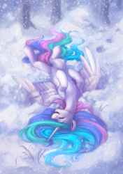 Size: 1748x2480 | Tagged: safe, artist:jewellier, princess celestia, alicorn, pony, g4, belly, cute, cutelestia, eyes closed, female, happy, high res, horses doing horse things, lying down, mare, on back, open mouth, open smile, sillestia, silly, smiling, snow, snowfall, solo, spread wings, wings, winter